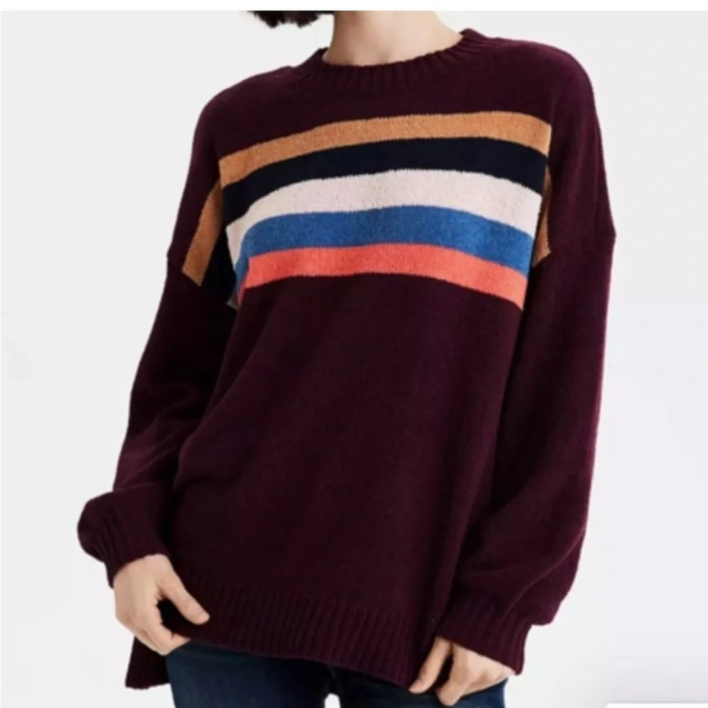 American Eagle Maroon Chenille Stripe Oversized Sweater. XS